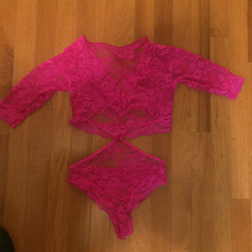 Hot pink sheer lace body suit with half sleeves